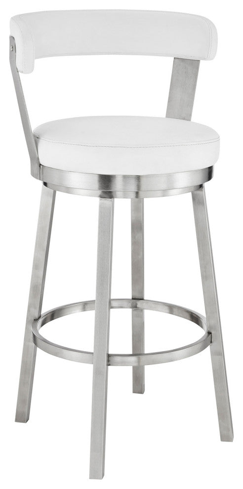 30" Chic White Faux Leather With Stainless Steel Finish Swivel Bar Stool