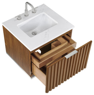 Terra Bathroom Vanity, Walnut/Brushed Nickel, 24", Calacatta Quartz Top