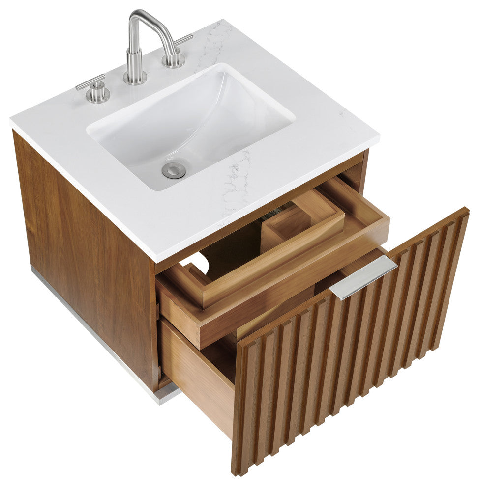 Terra Bathroom Vanity, Walnut/Brushed Nickel, 24", Calacatta Quartz Top