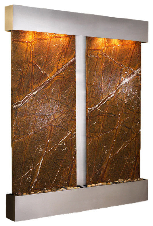 Cottonwood Falls Water Fountain, Brown Marble, Stainless Steel, Square