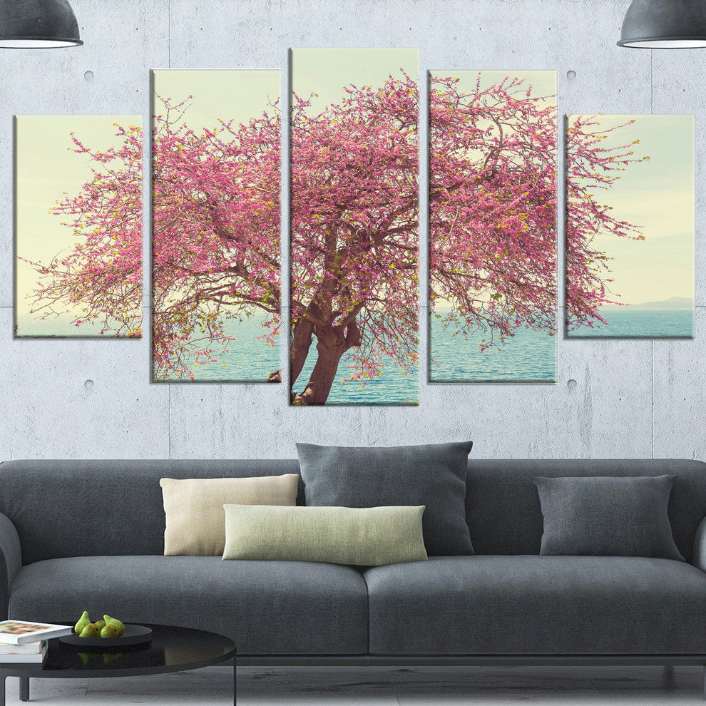 Pink Flowers on Lonely Tree, Landscape Canvas Art Print, 60"x32", 5 Panels
