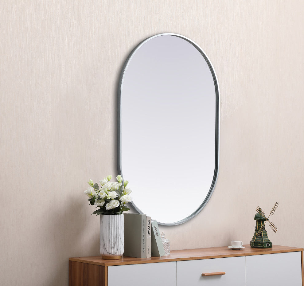 Metal Frame Oval Mirror 24X36 Inch, Silver