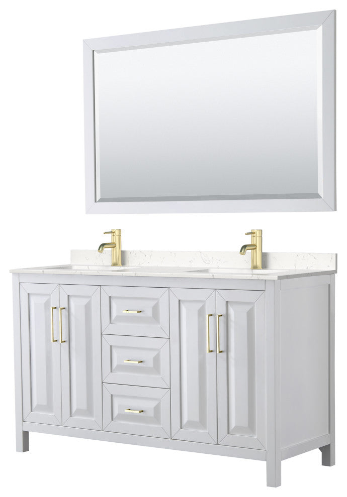 60"DBL Vanity White, Light-Vein Carrara Cult. Top, Sinks, 58"Mirror, Gold Trim