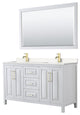 60"DBL Vanity White, Light-Vein Carrara Cult. Top, Sinks, 58"Mirror, Gold Trim