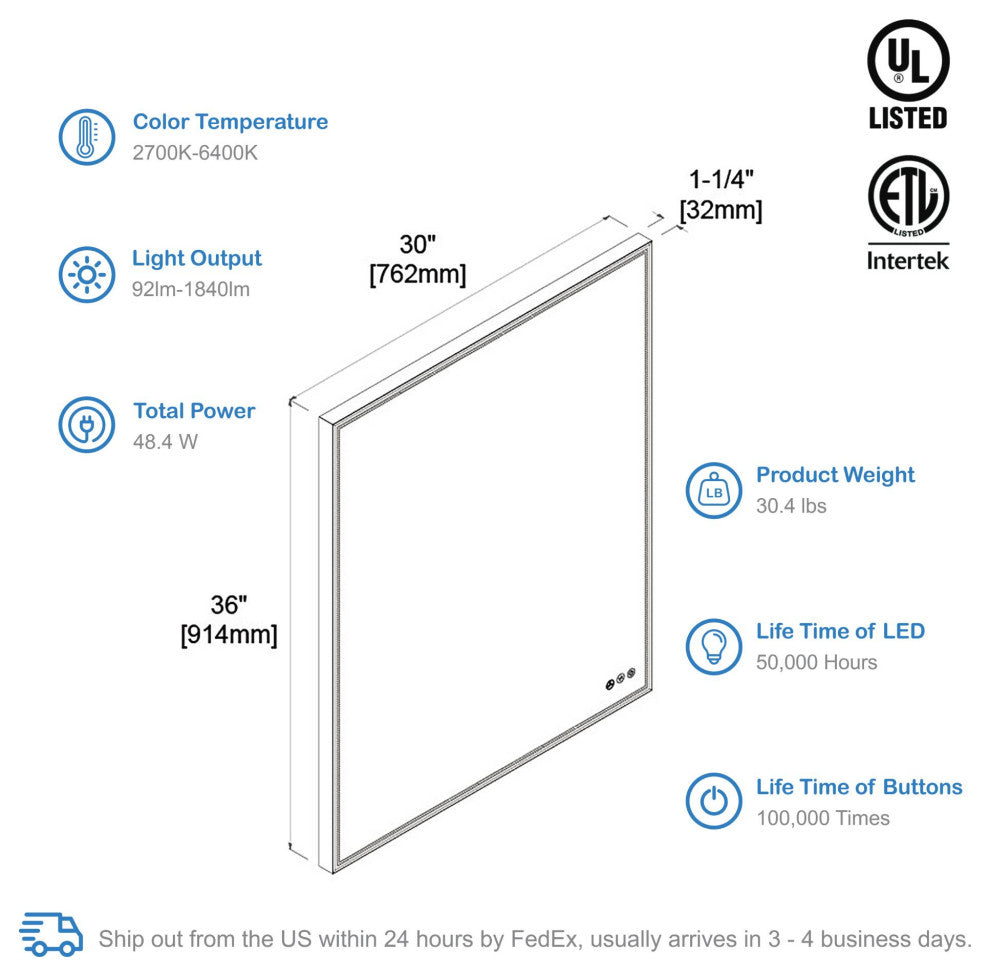 Fogless, Dimmable, Color Temperature Adjustable LED Mirror, Brush Gold, 30x36