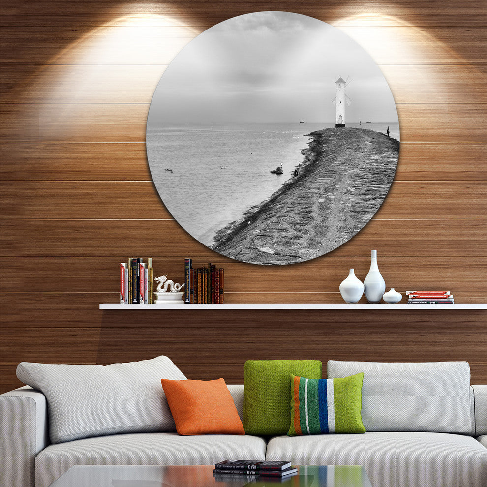Lighthouse Windmill Stawa Mlyny In Grey, Seashore Round Artwork, 11"
