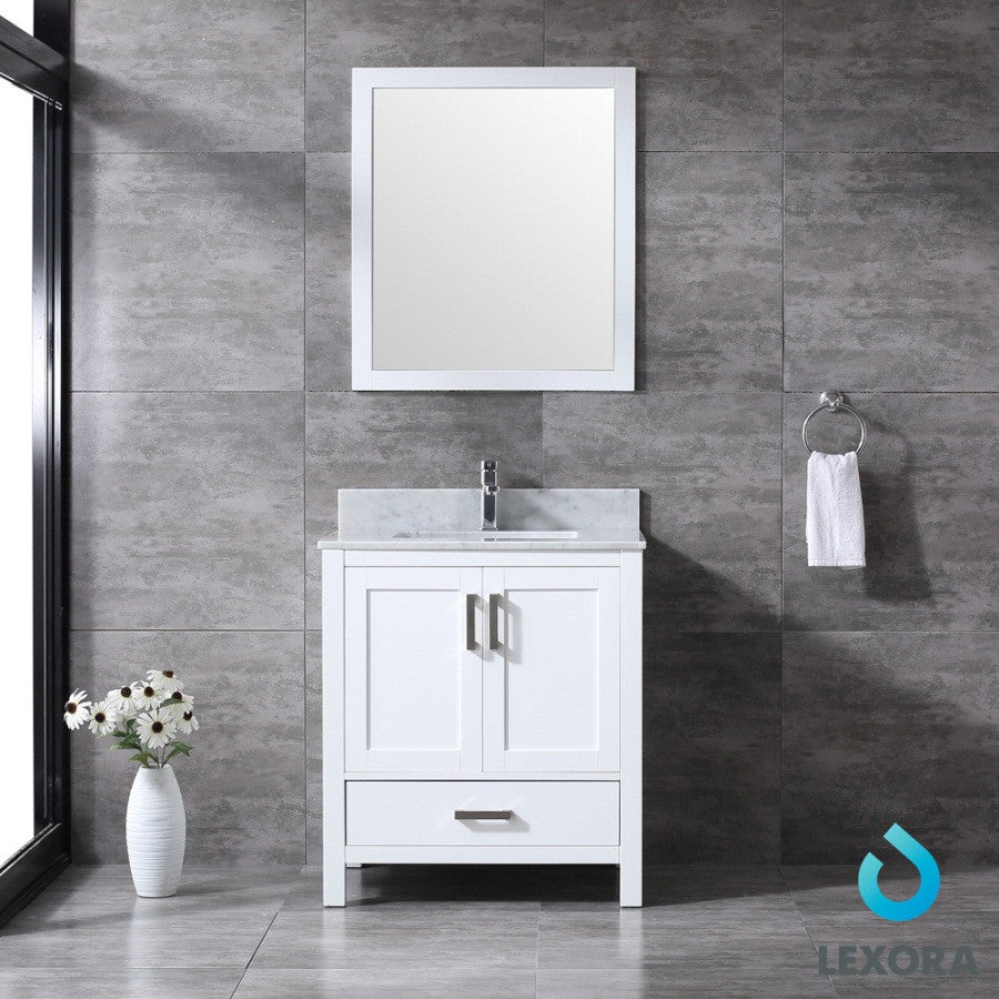 30" White Single Vanity, White Carrara Marble Top, White Sink and 28" Mirror