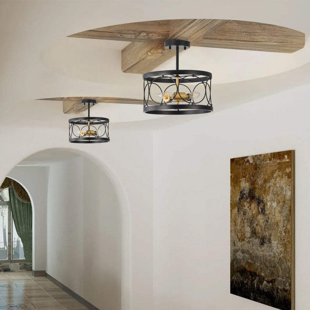 Farmhouse 3-Light Metal Drum Shape Semi Flush Mount Ceiling Light