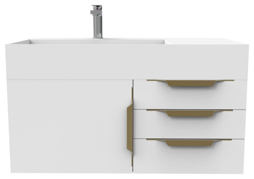 CastelloUSA Amazon 36" Wall Mount Vanity Set, White, White Top, Gold Handles