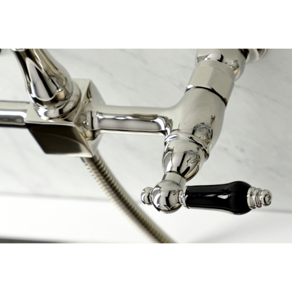 KS1246PKLBS Wall Mount Bridge Kitchen Faucet With Brass Spray, Polished Nickel