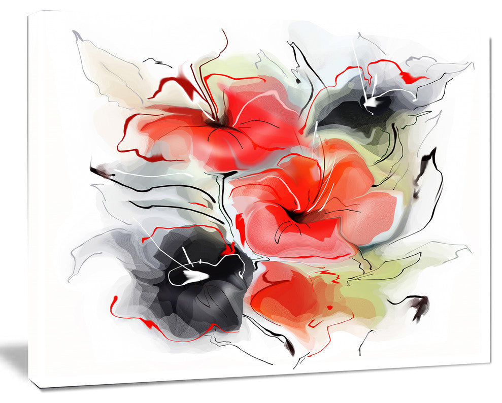 Red Black Abstract Floral Design, Extra Large Floral Wall Art, 40"x30"