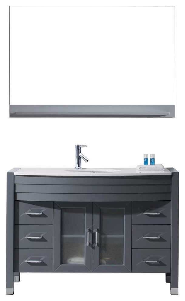 Virtu Ava 48" Single Bathroom Vanity, Gray With White Top, Faucet and Mirror
