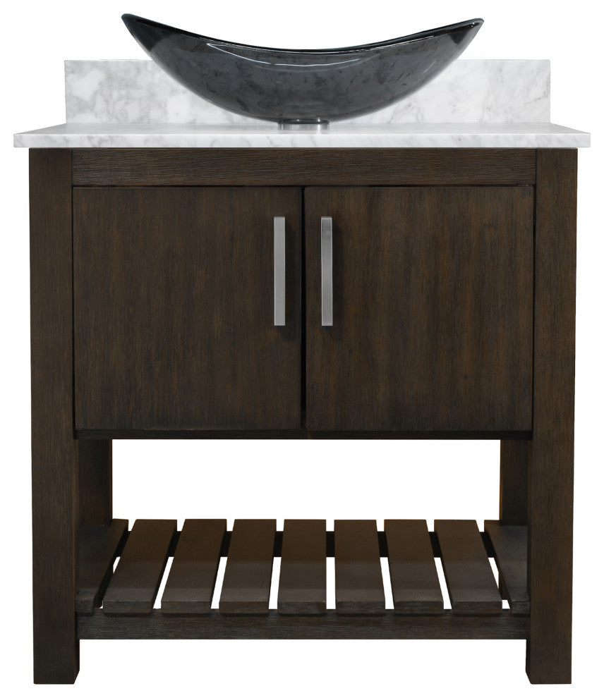 30" Vanity with Carrara White Marble Counter, Drain, Mounting Ring and P-Trap, Brushed Nickel, Without Mirror
