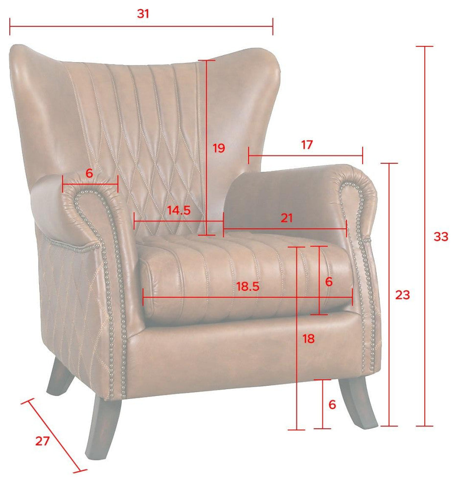 Pasargad Home Harrison Top Grain Leather Upholstered Wing Chair, Brown