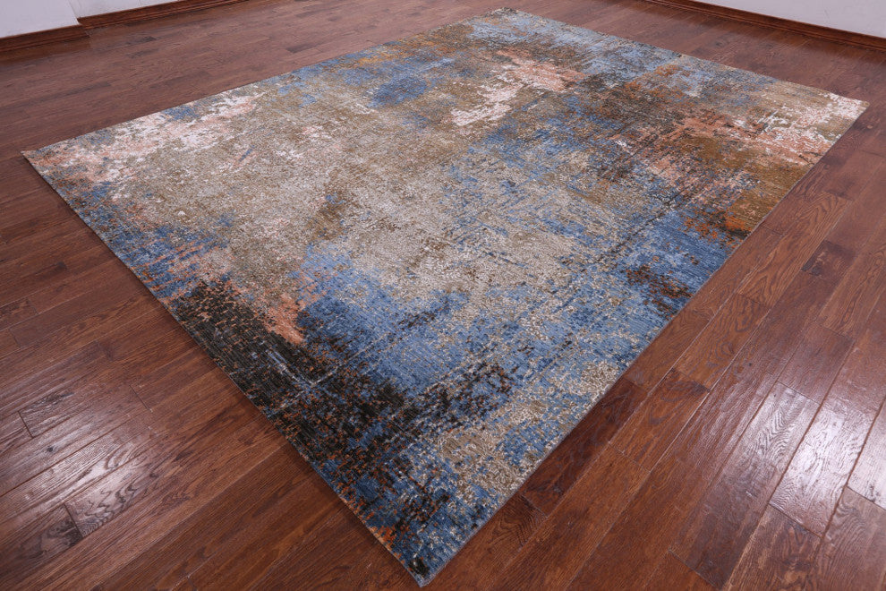 9' 2" X 12' 3" Hand Knotted Abstract Wool and Silk Rug Q8864
