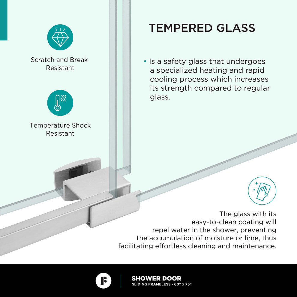 Frameless Clear Sliding Shower Door With Tempered Glass - Shower Bathroom Door, Polished Chrome, 60" X 75", Single Sliding Door