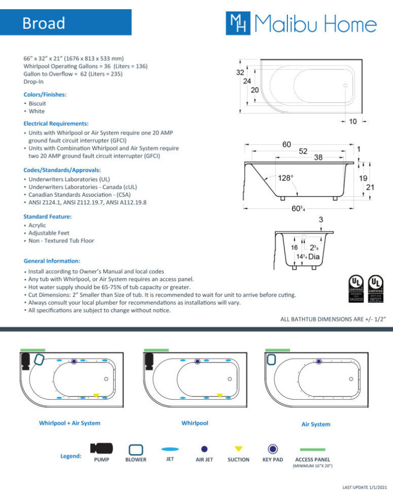 Malibu Broad RH Rectangle Soaking Bathtub 60x32x21 Biscuit