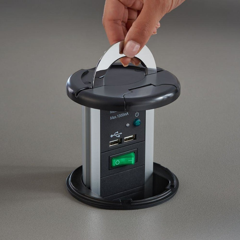 Sensio Pop Up Power Charging Station, 3-Socket 2-USB Outlets, Gun Metal