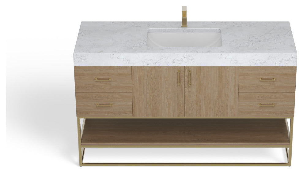 Bahia Bath Vanity, Oak, 60", Brushed Gold Hardware, Single, Freestanding