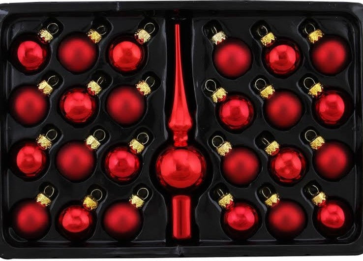Red Mini Glass Ball and Finial Tree Topper Christmas Ornament Set, 25-Piece