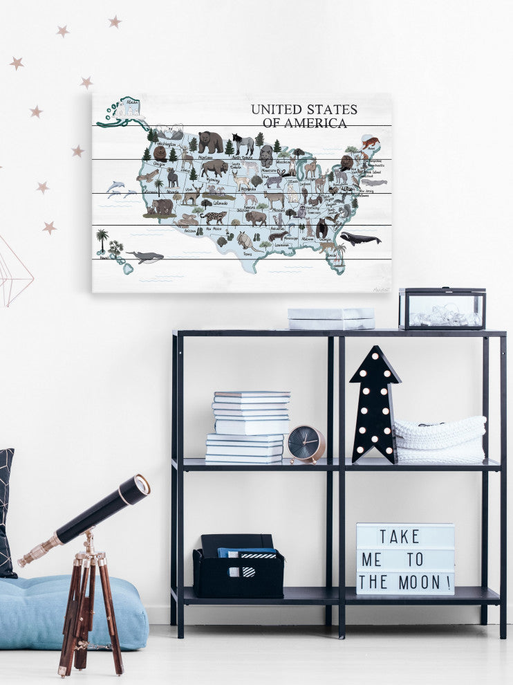 "Blue Animals Map" Painting Print on White Wood, 60x40