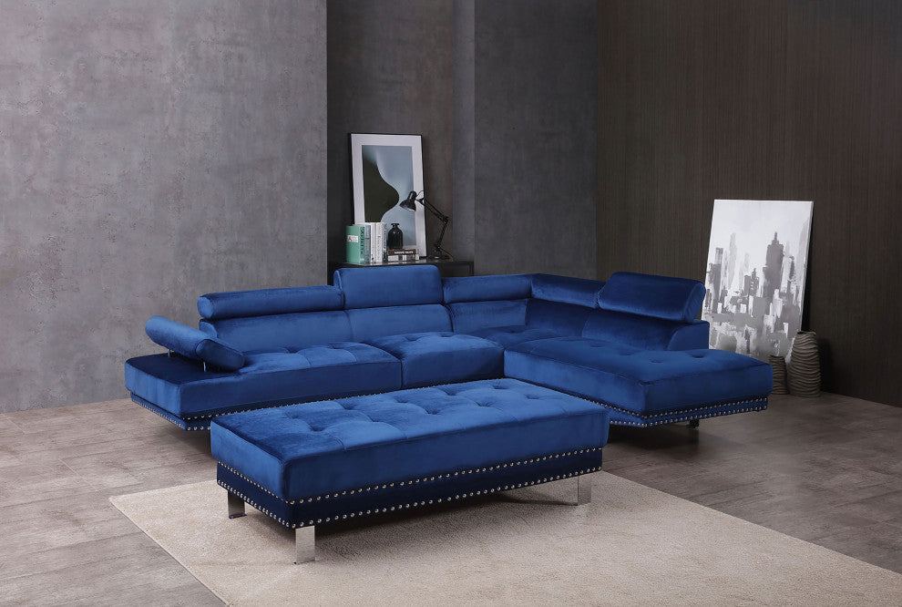 Derek 109" W 2 Piece Velvet L Shape Sectional Sofa, Navy Blue