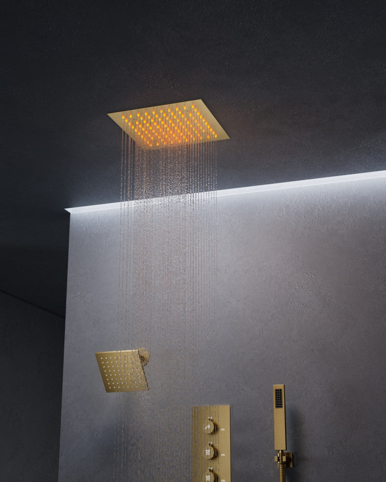 LED Dual Heads 12" Rain Shower System With Thermostatic 3-Way Faucet, Brushed Gold