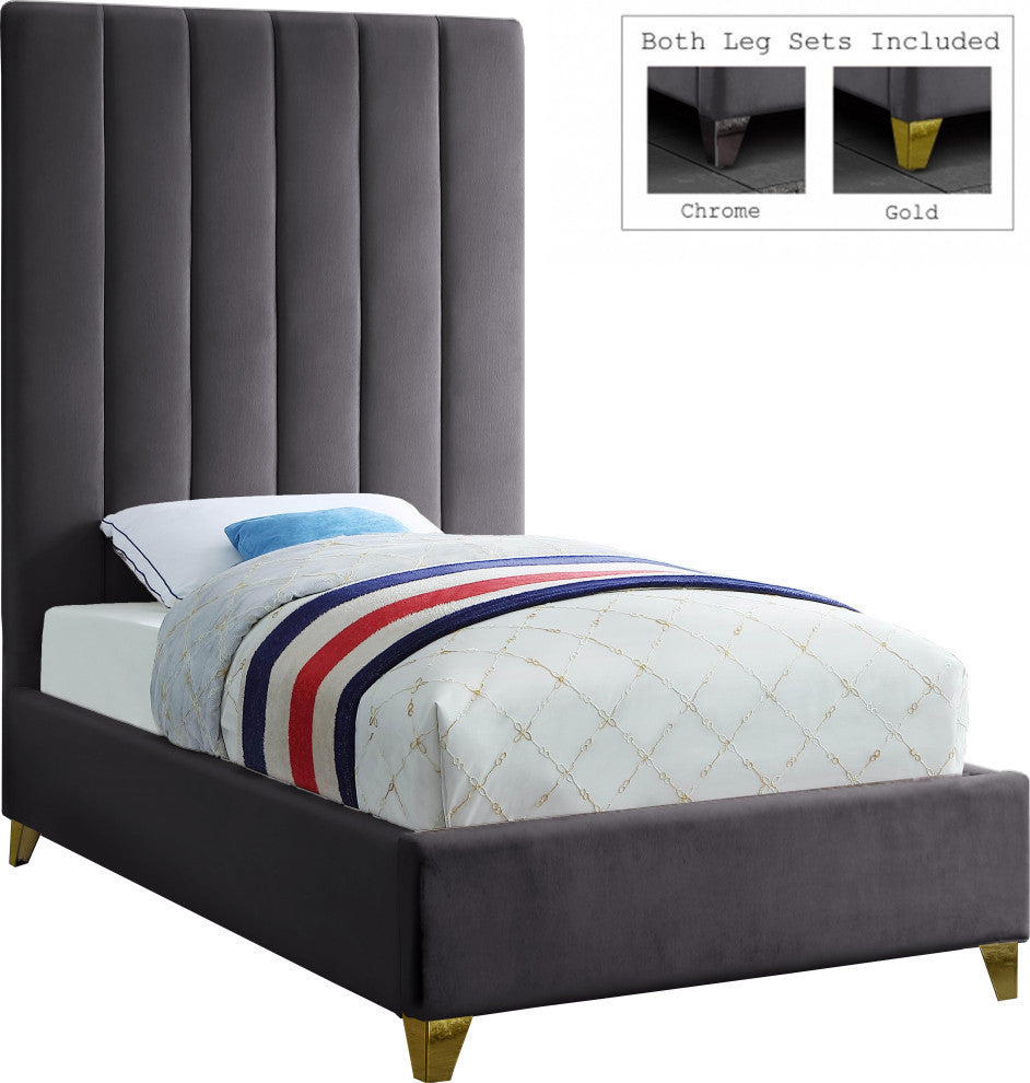 Via Velvet Upholstered Bed, Gray, Twin