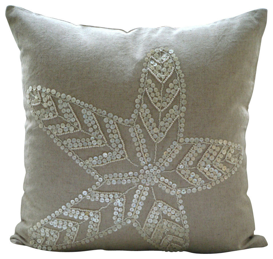 Starfish Ecru Shams, Cotton Linen 24"x24" Pillow Shams, Starfish Pearls