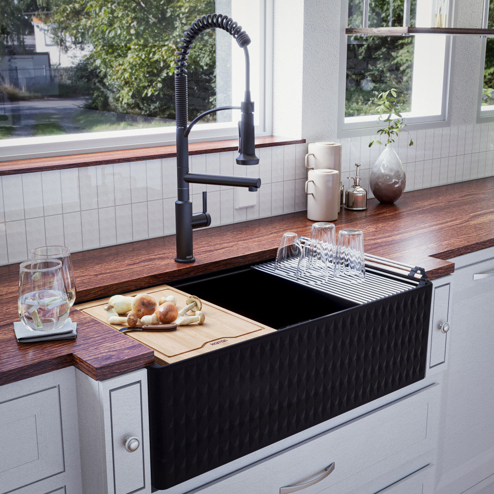 Karran 33 in. Single Bowl Workstation Fireclay Sink with Reversible Apron, Matte Black
