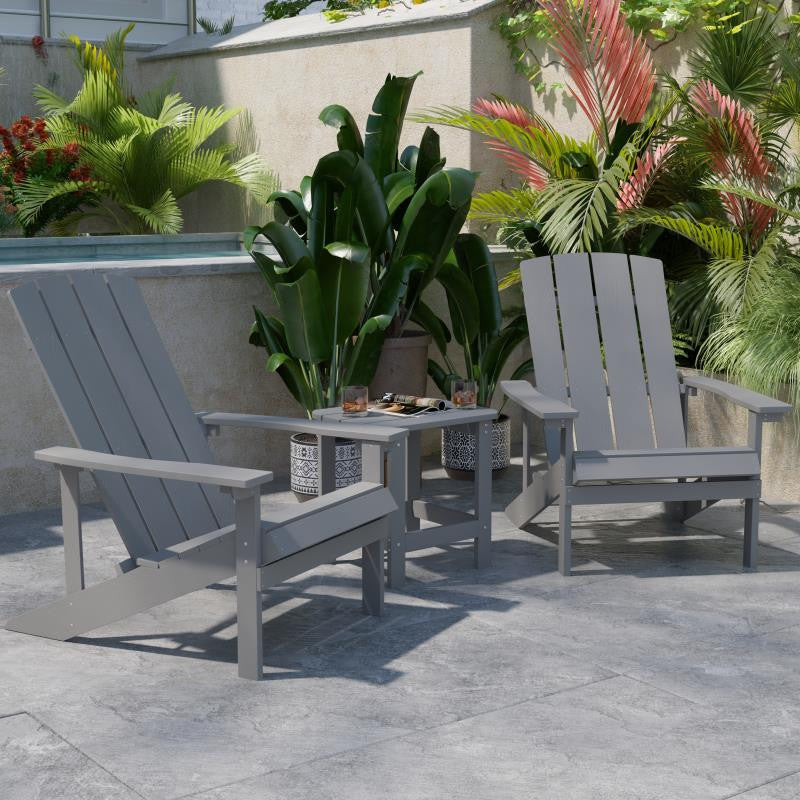 All-Weather Poly Resin Wood Adirondack Chairs With Side Table, Set of 2, Gray