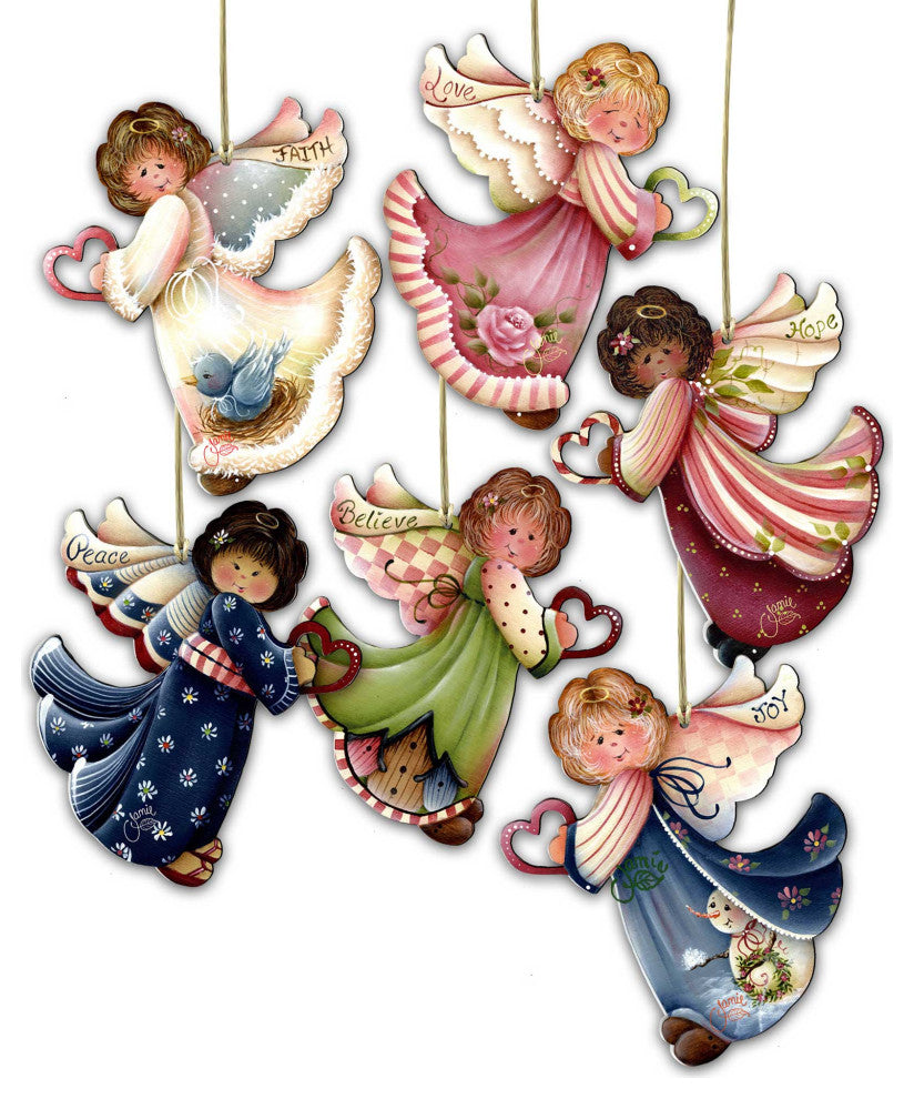 Loving Angels Wooden Ornaments, Set of 6