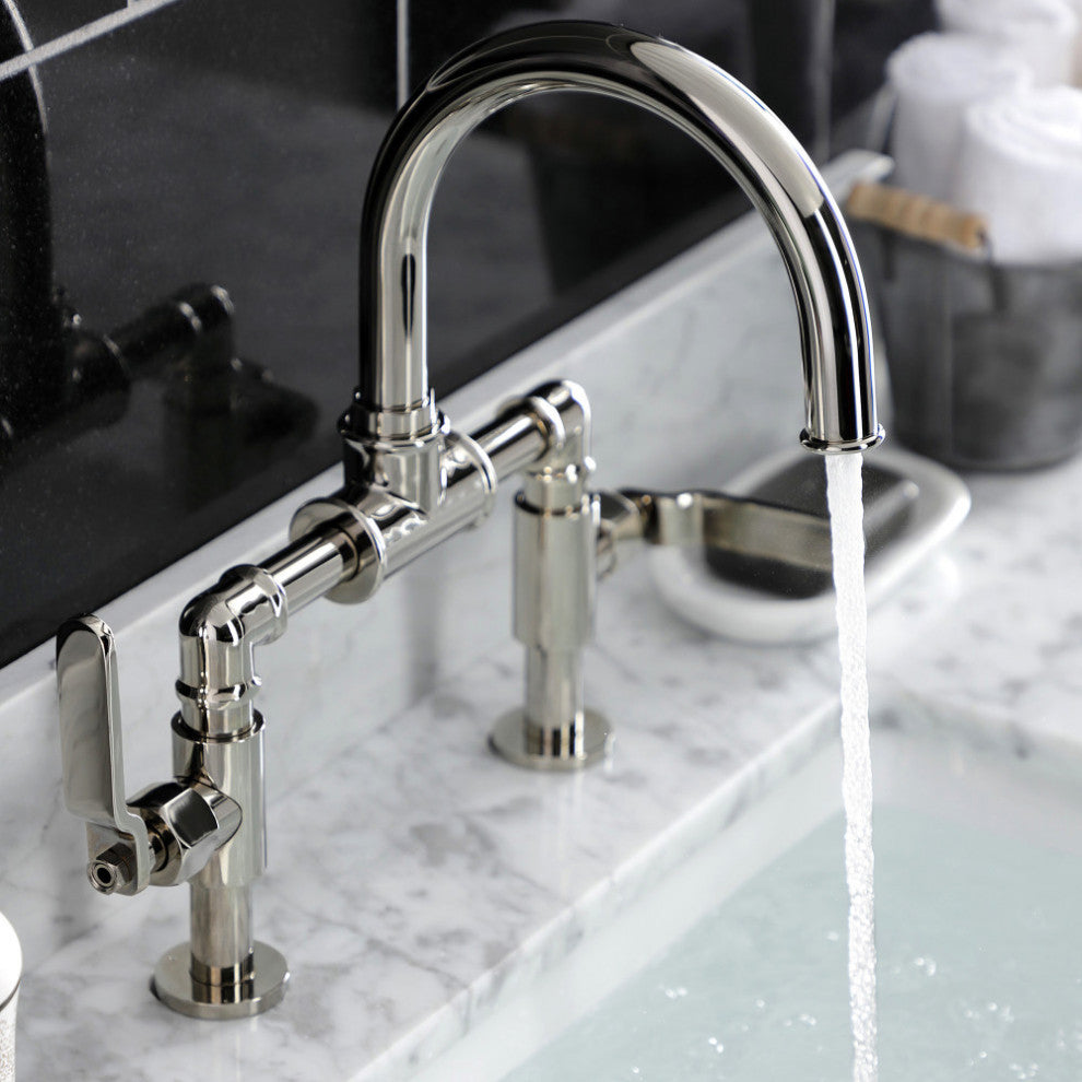 Industrial Style Bridge Bathroom Faucet With Pop-Up Drain, Polished Nickel
