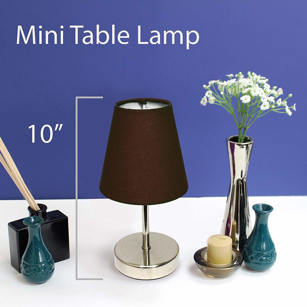 Simple Designs Sand Nickel Mini Basic Table Lamp With Fabric Brown Shade