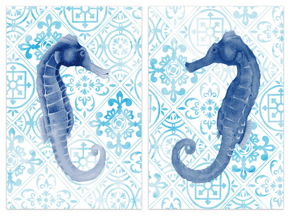 Sea Horse Glass Wall Art Frameless Free Floating Tempered Glass Print Set of 2