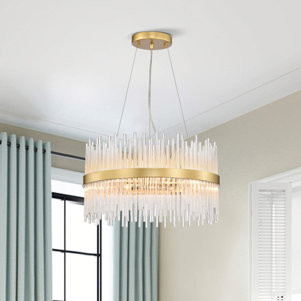 Casandra 5-light Modern Gold Drum Chandelier With Clear Glass Bars