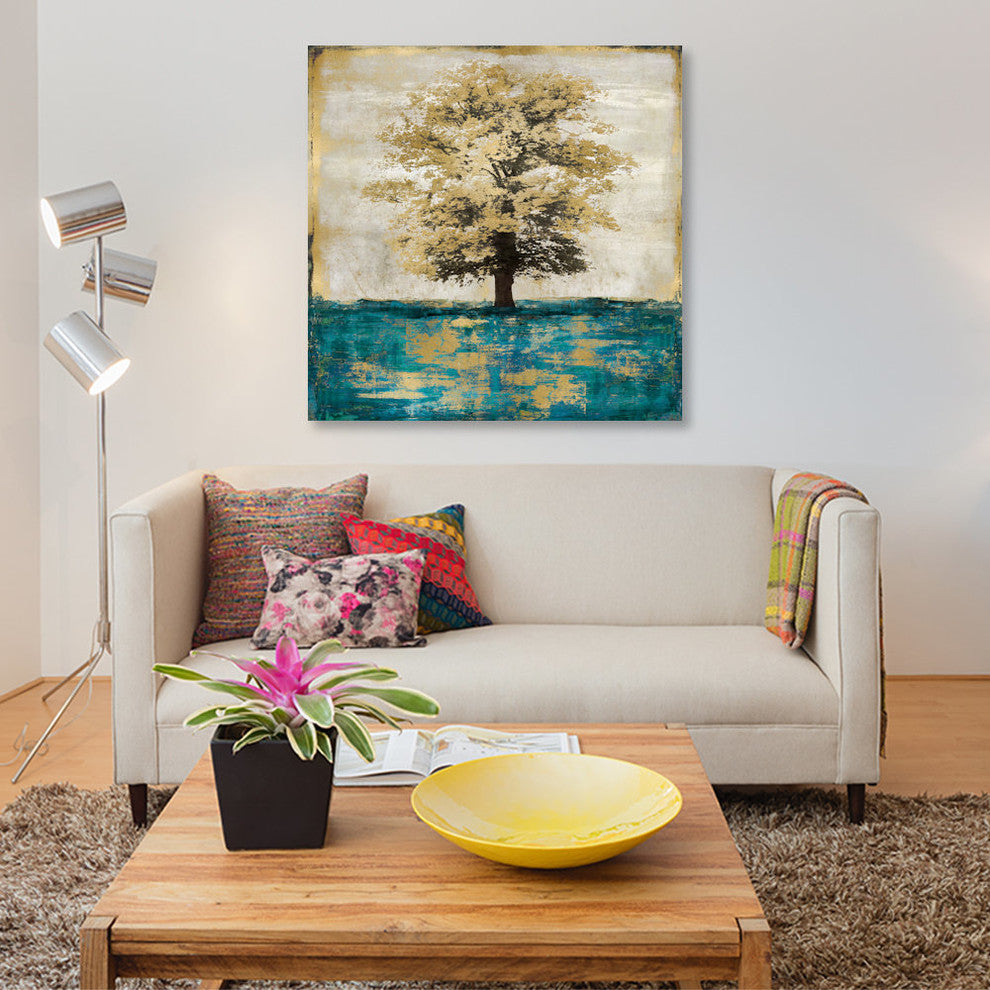 "Stately - Aqua With Gold" by Eric Turner, Canvas Print, 12"x12"