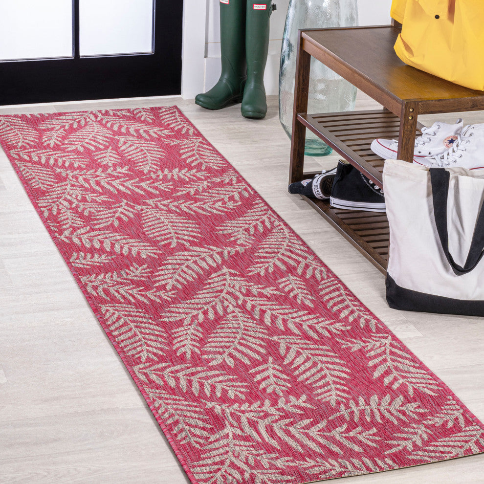 Nevis Palm Frond Indoor/Outdoor, Fuchsia/Light Gray, 2x10
