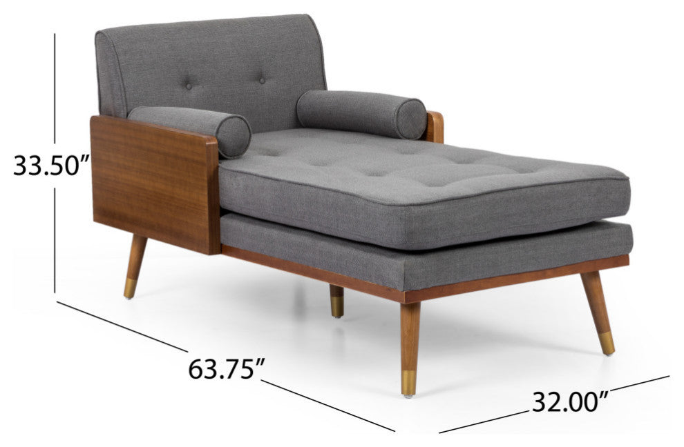 Miles Fabric Chaise Lounge, Gray and Dark Walnut
