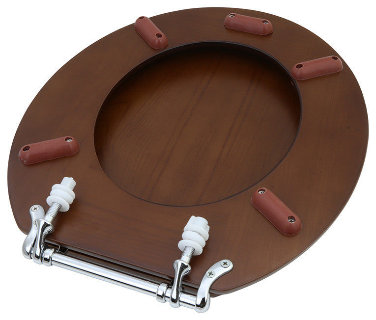 Solid Wood Dark Oak Toilet Round Seat with Chrome Hinge