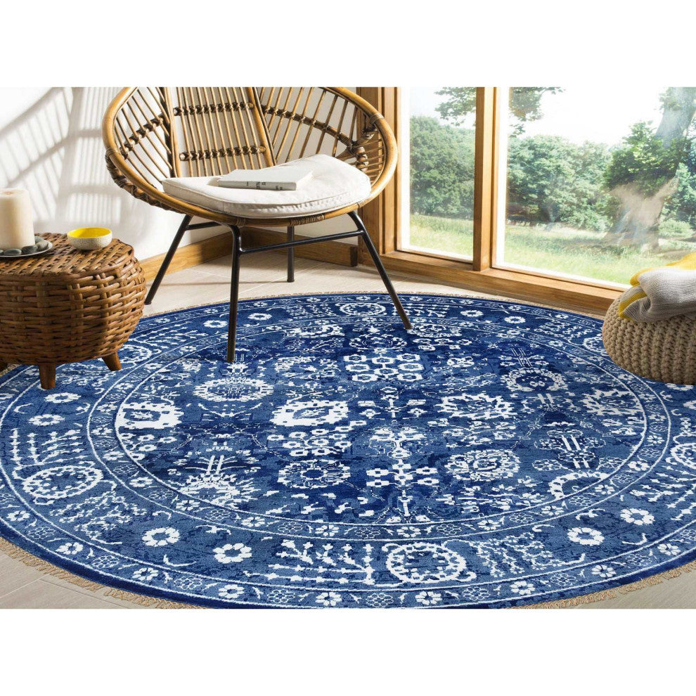 Denim Blue, Wool and Silk Hand Knotted, Tabriz Round Oriental Rug, 8'2"x8'2"