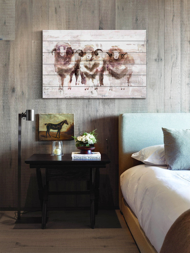 "Three Rams" Painting Print on White Wood, 18"x12"