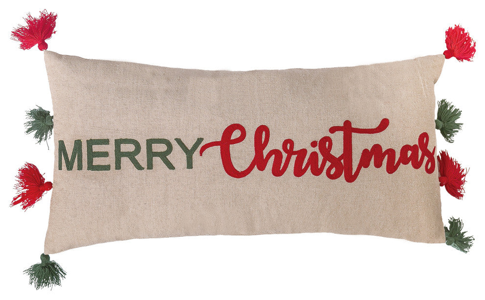 Merry Christmas Tassles Embroidered Pillow