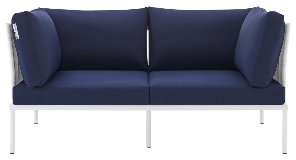 Lounge Loveseat Sofa, Sunbrella, Aluminum, Metal, White Blue Navy, Outdoor