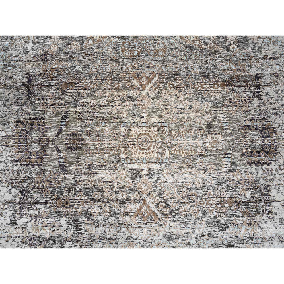 Gray, Hand Knotted, Modern, Silk with Textured Wool, Square Rug, 8'0" x 8'1"