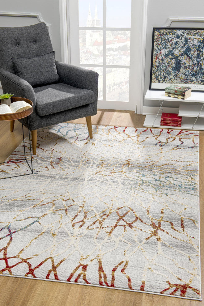 7"x10" Gold and Ivory Abstract Branches Area Rug