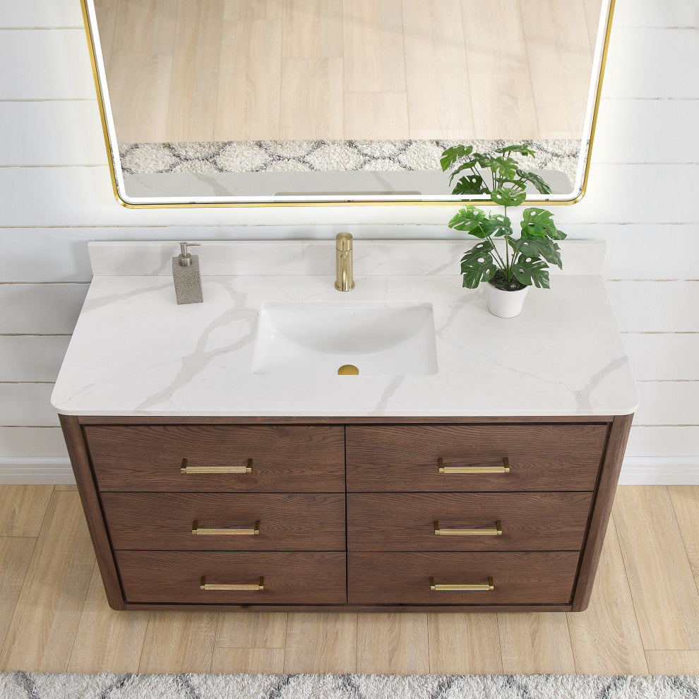 Porto Bath Vanity with White Quartz Stone Top, Dark Brown Oak, 55 in., No Mirror