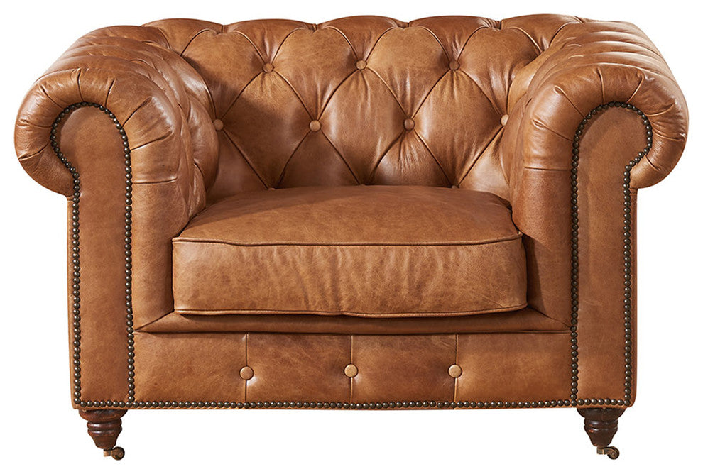 Leather Chesterfield Arm Chair, Light Brown