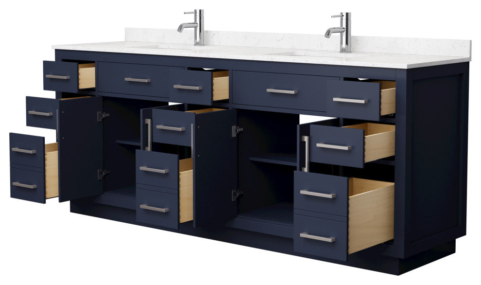 Beckett TK 84" Dark Blue Double Vanity, Cultured Top, Nickel Trim