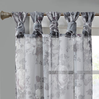 Madison Park Simone Printed Floral Twist Tab Top Voile Sheer Curtain, Grey